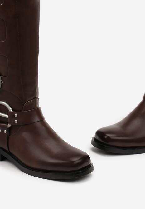 Brązowe Kozaki Biker z Ozdobnymi Klamerkami i Kwadratowym Noskiem Vivao