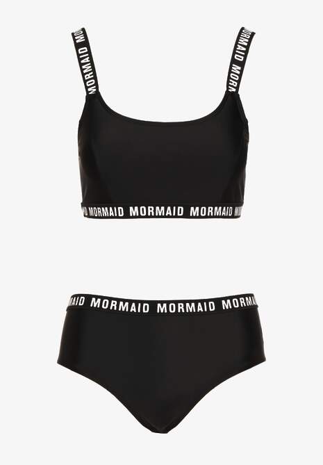 Czarne Bikini Majtki Typu Figi i Sportowa Góra Ozdobione Napisami Nevoneira