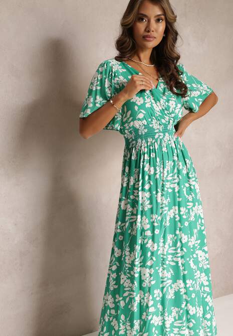 Zielona Kopertowa Sukienka Maxi z Gumką w Pasie i Wiązaniem na Plecach Dangela