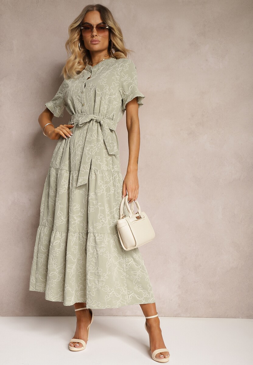 Zielona Sukienka o Rozkloszowanym Fasonie z Paskiem i Wiskozą Risarissa
