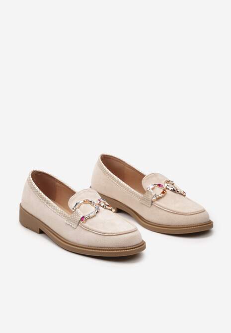 Beżowe Mokasyny z Ozdobnym Tłoczeniem i Aplikacją z Mieniących się Kamieni Berxia