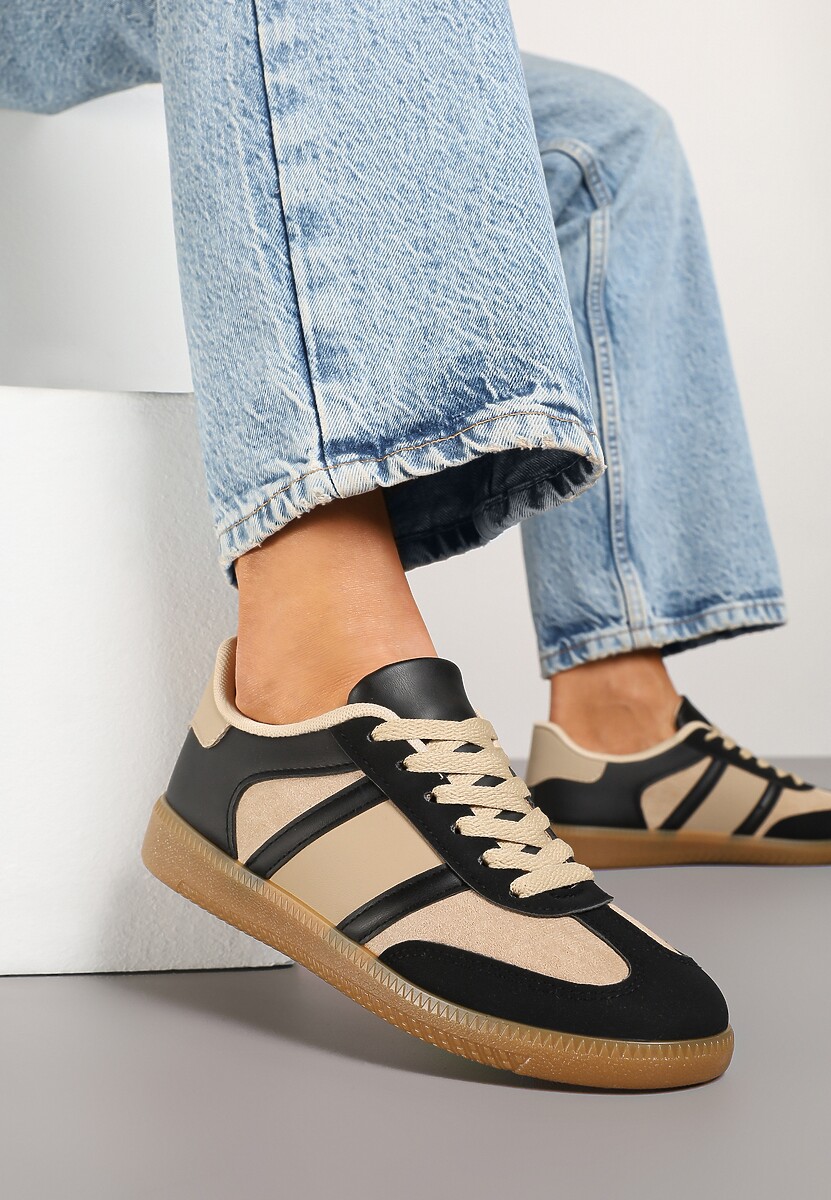 Czarno-Beżowe Sneakersy Sportowe przed Kostkę z Ozdobnymi Paskami Zonevia