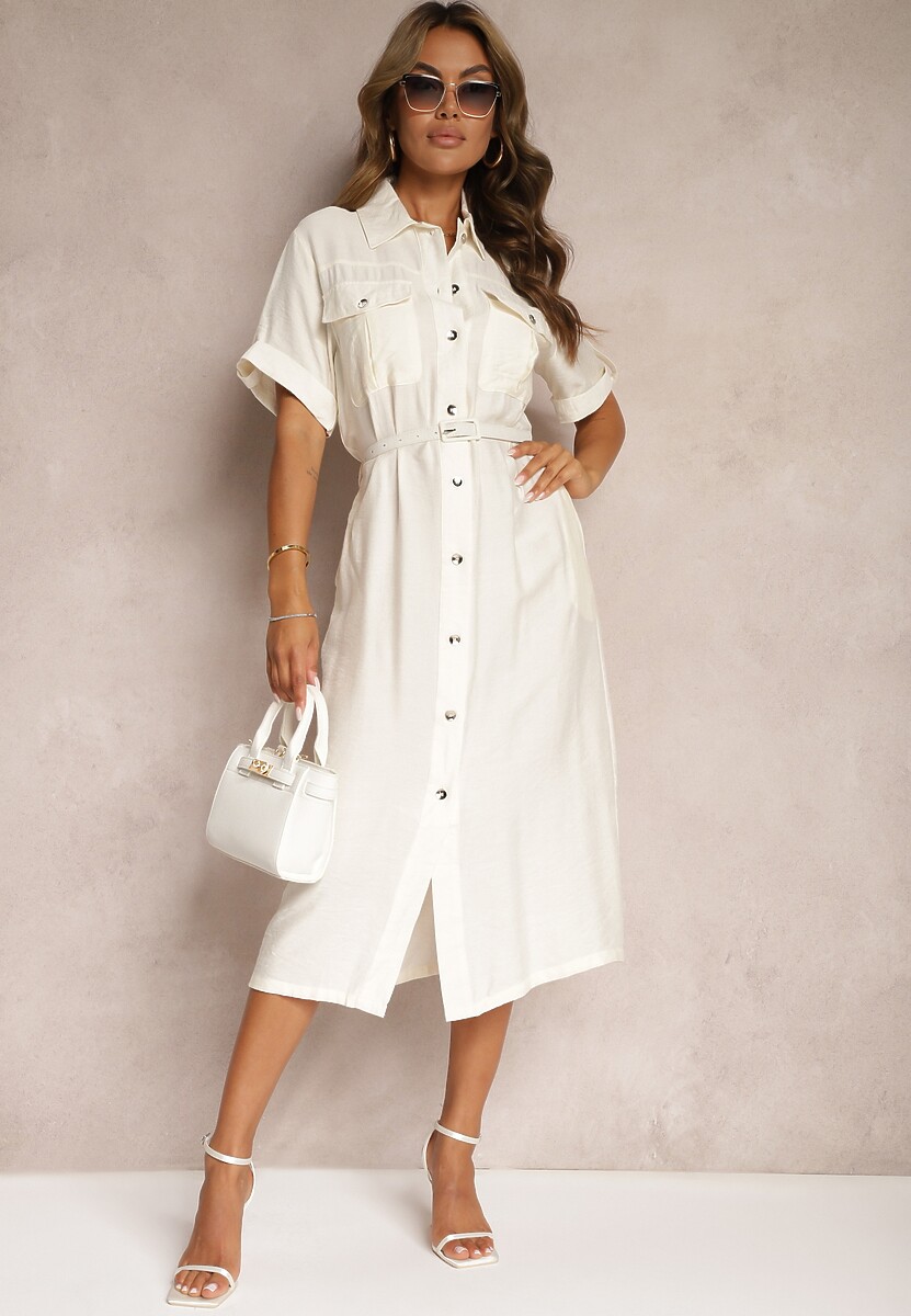 Biała Sukienka z Wiskozy o Kroju Koszulowym Ozdobiona Paskiem Nelsines