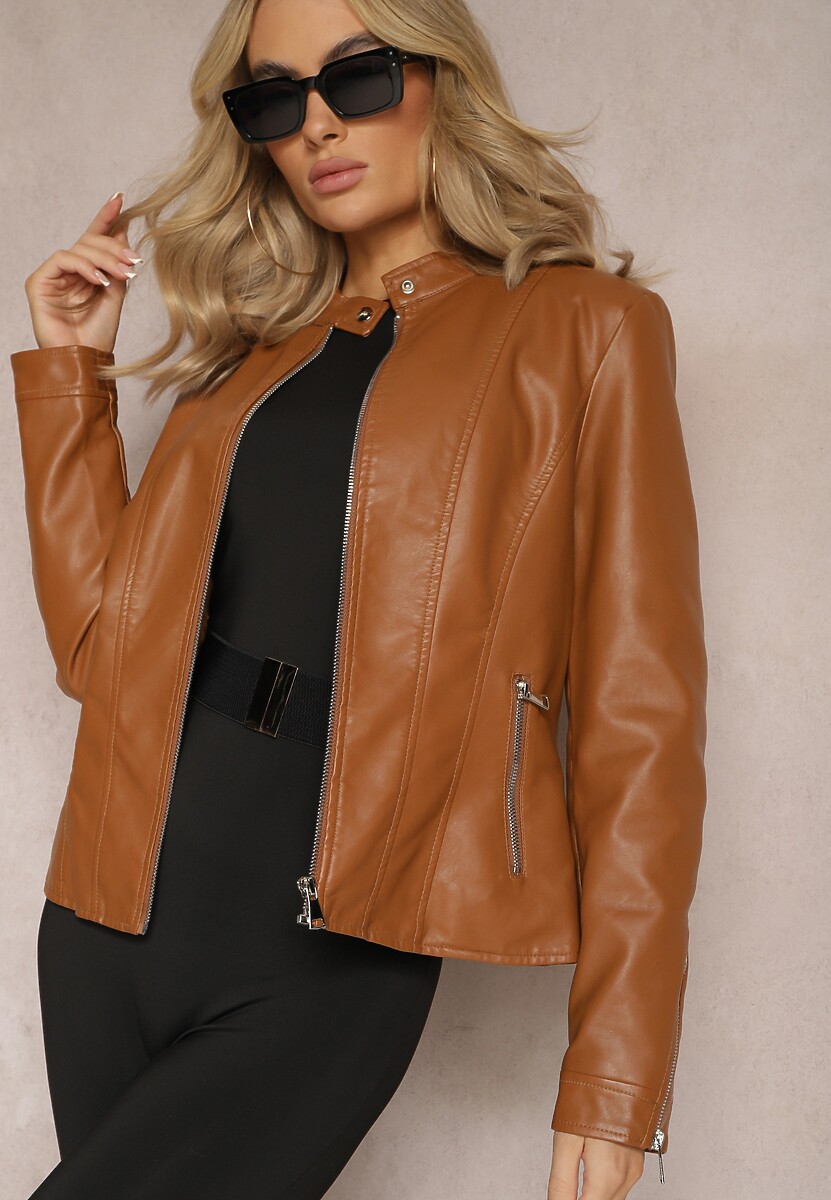 Beżowa Kurtka Ramoneska z Ekoskóry Klaia