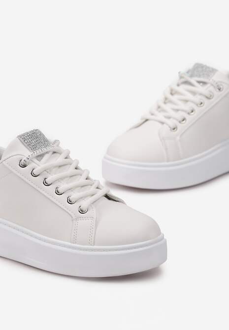 Biało-Srebrne Sneakersy Ozdobione Brokatem i Drobnymi Cyrkoniami Emavia