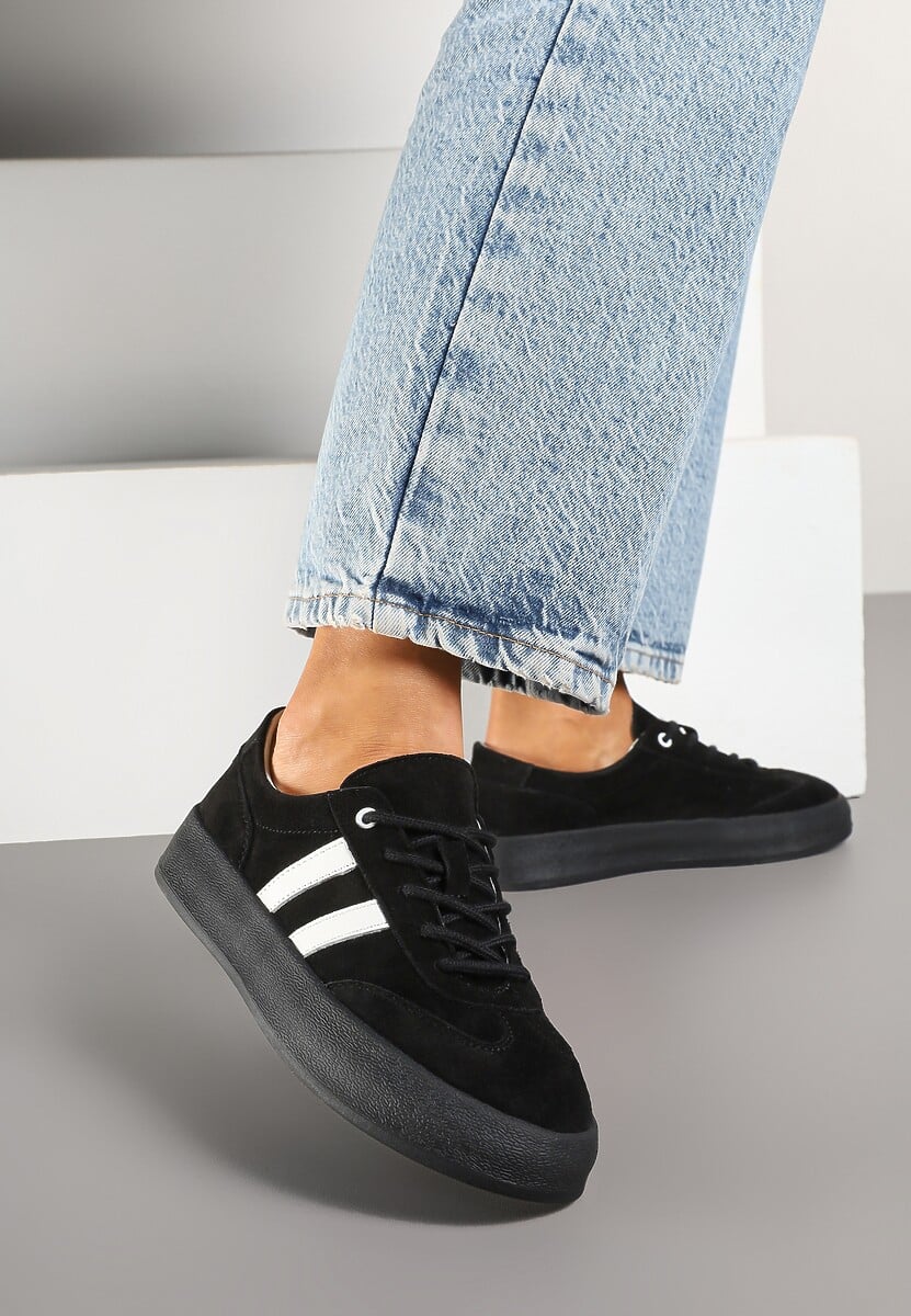 Czarne Sneakersy Klasyczne Tenisówki ze Skóry Naturalnej Alotia