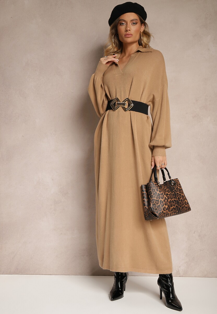 Ciemnobeżowa Sweterkowa Sukienka z Wiskozą o Pudełkowym Kroju Ozdobiona Kołnierzykiem Clarinnae