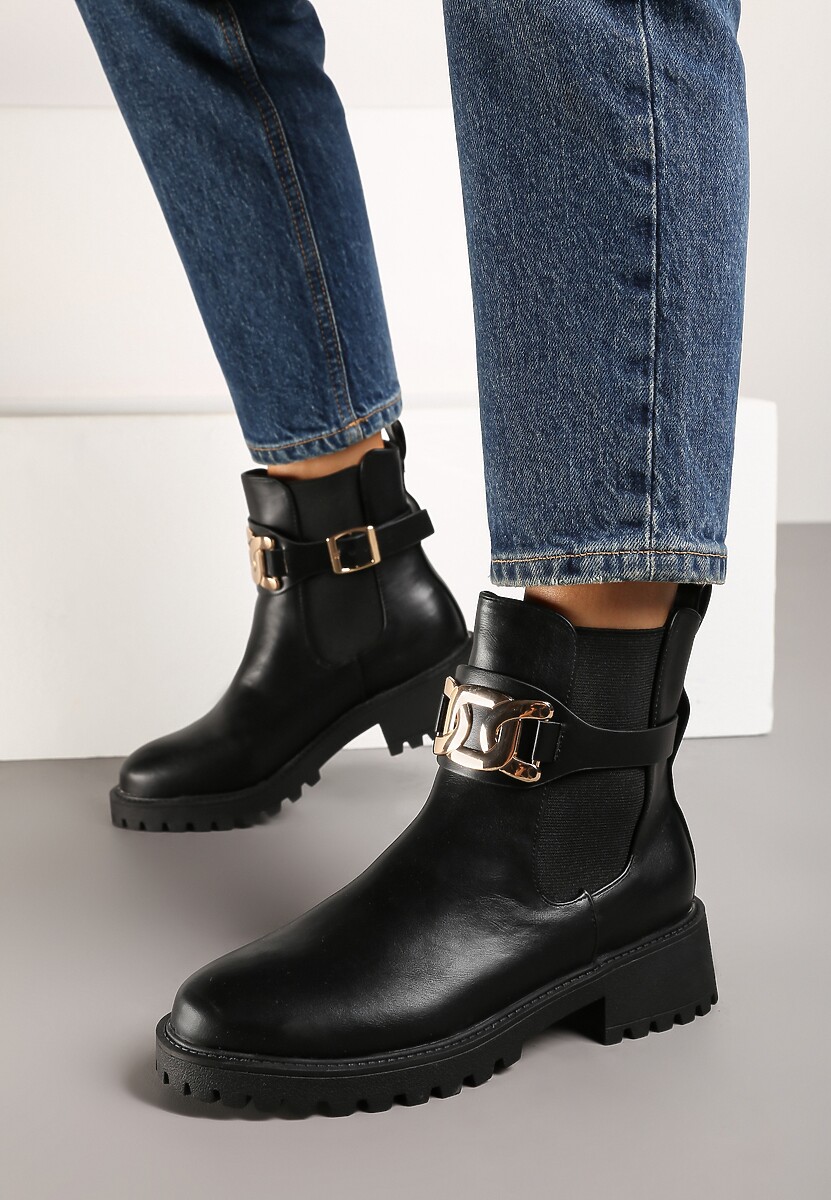 Czarne Botki Sztyblety na Słupku z Metaliczną Ozdobą Venselle