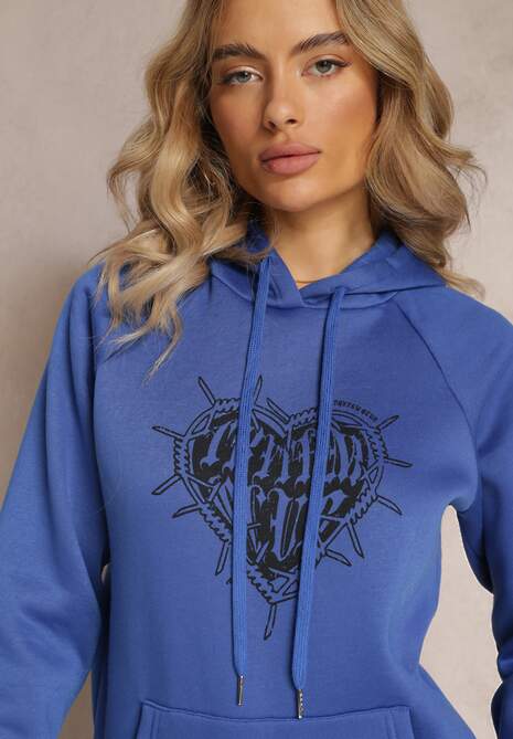 Granatowa Klasyczna Bluza z Nadrukiem na Przodzie i Kapturem Inalle