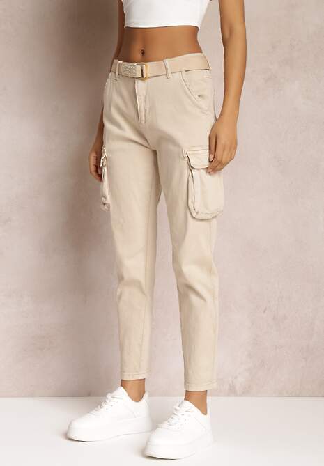 Beżowe Spodnie Cargo z Paskiem z Klamrą w Komplecie Elinata