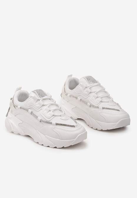 Białe Sneakersy  z Ozdobnym Sznurkiem z Cyrkoniami Saerina