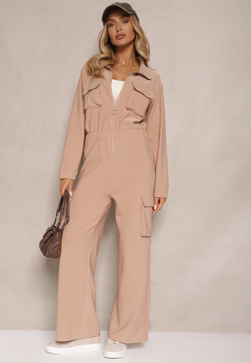 Ciemnobeżowy Kombinezon w Stylu Utility Taliowany Liarael