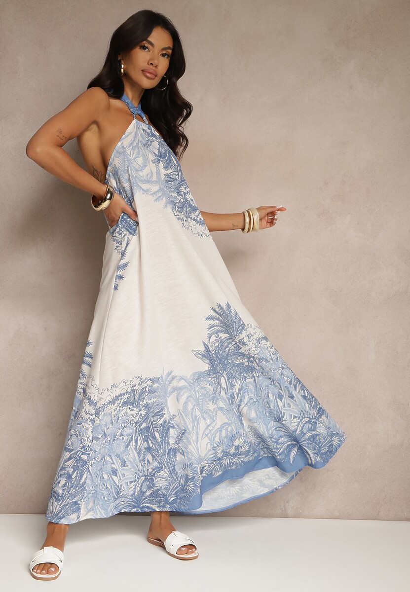 Niebieska Sukienka z Wiskozą Ozdobiona Wiązaniem i Wzorem Palm Folenella