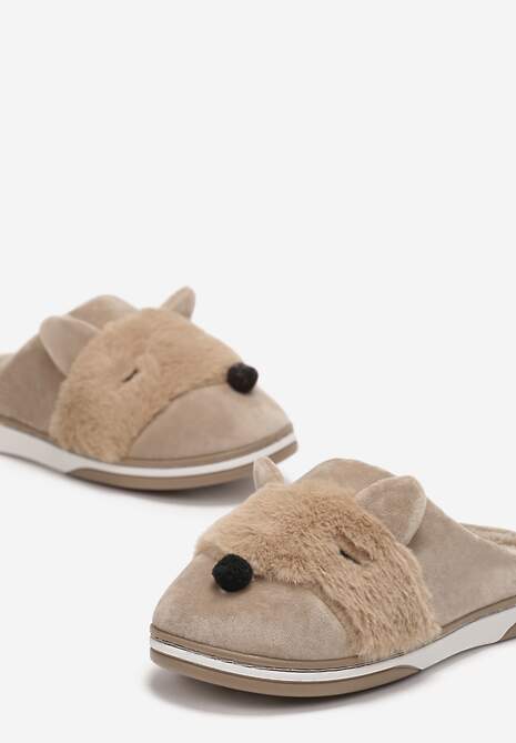 Beżowe Kapcie z Futerkiem i Imitacją Uszu Bervenka