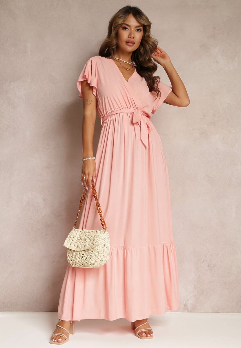 Różowa Rozkloszowana Sukienka Maxi z Gumką w Talii i Falbankami Tracia