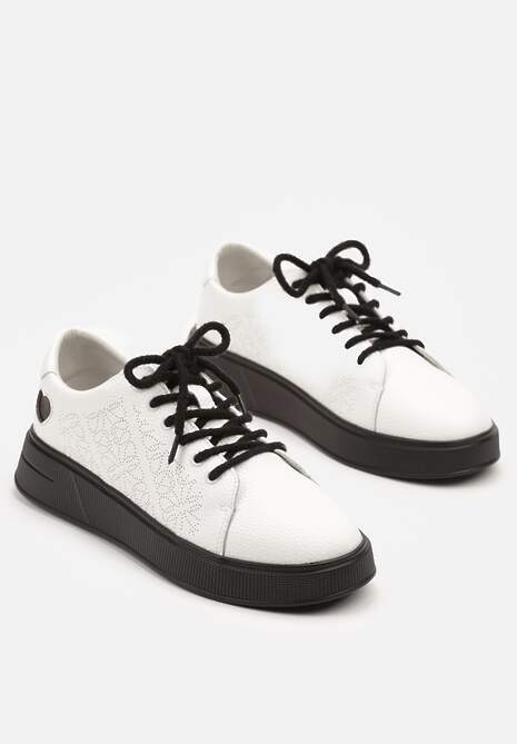 Biało-Czarne Sneakersy z Wkładką ze Skóry Naturalnej Ozdobione Cyrkoniami i Sercem Tiralia