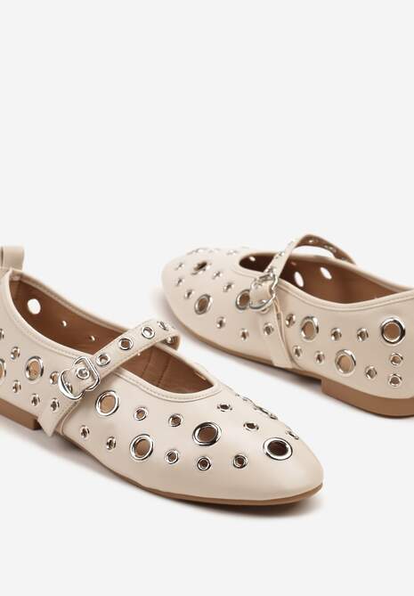 Beżowe Balerinki Ozdobione Paskiem i Metalicznymi Aplikacjami Erathira