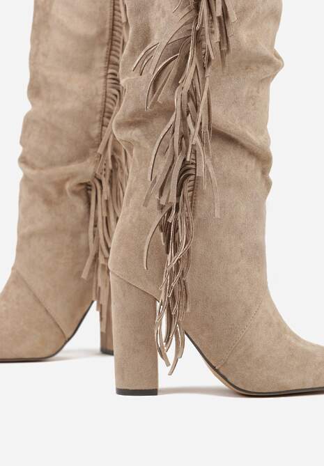 Ciemnobeżowe Kozaki Kowbojki na Słupku z Frędzlami na Cholewce Badina