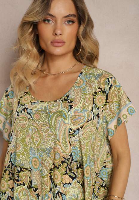 Żółta Sukienka Boho z Wiskozy z Cienkim Paskiem w Talii Rivasea