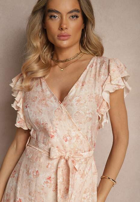 Różowa Asymetryczna Sukienka z Bawełny z Falbankami i Kwiatowym Printem Lommea