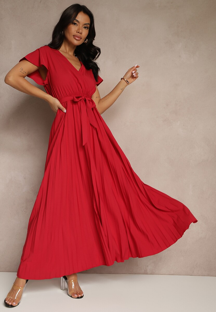 Jasnobeżowa Koktajlowa Maxi Sukienka Ozdobiona Plisami z Trójkątnym Dekoltem i Wiązaniem w Talii Phoelia