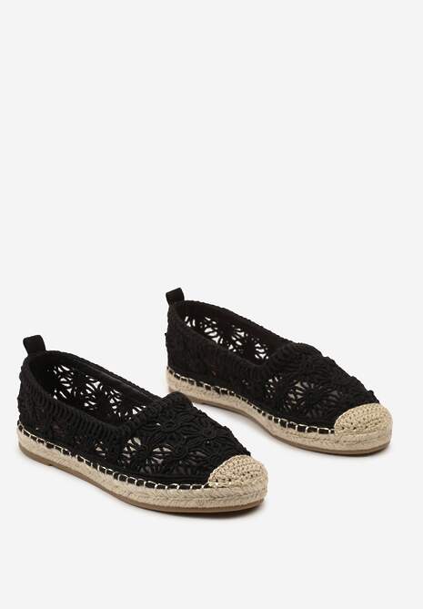 Czarne Espadryle na Plecionej Podeszwie z Ażurową Cholewką z Kwiatami Wavelet