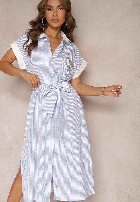 Niebieska Koszulowa Sukienka z Materiałowym Paskiem w Talii z Rozcięciami i Aplikacjami Krissiana