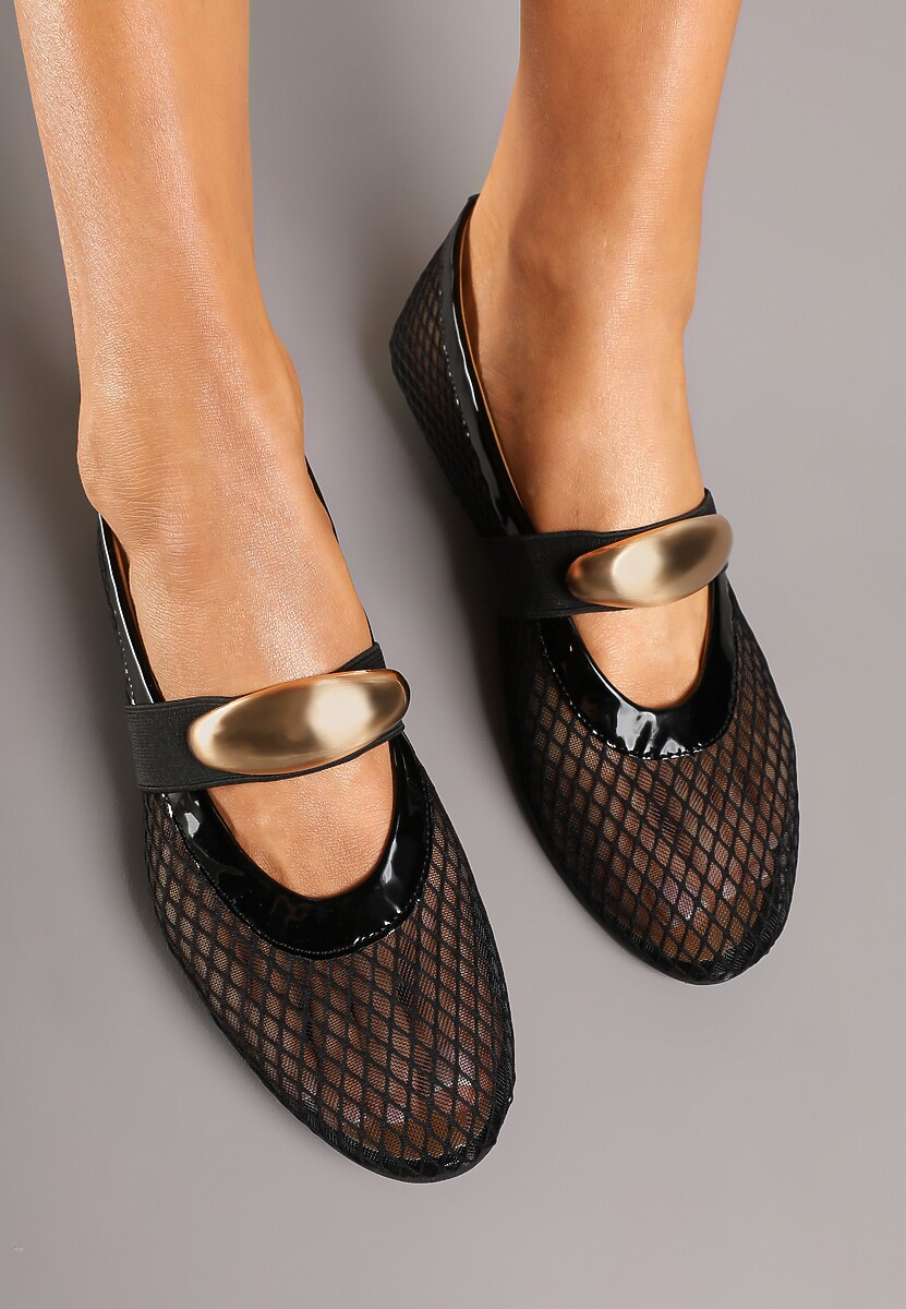 Czarne Siateczkowe Balerinki z Metaliczną Ozdobą i Paskiem Irelisa