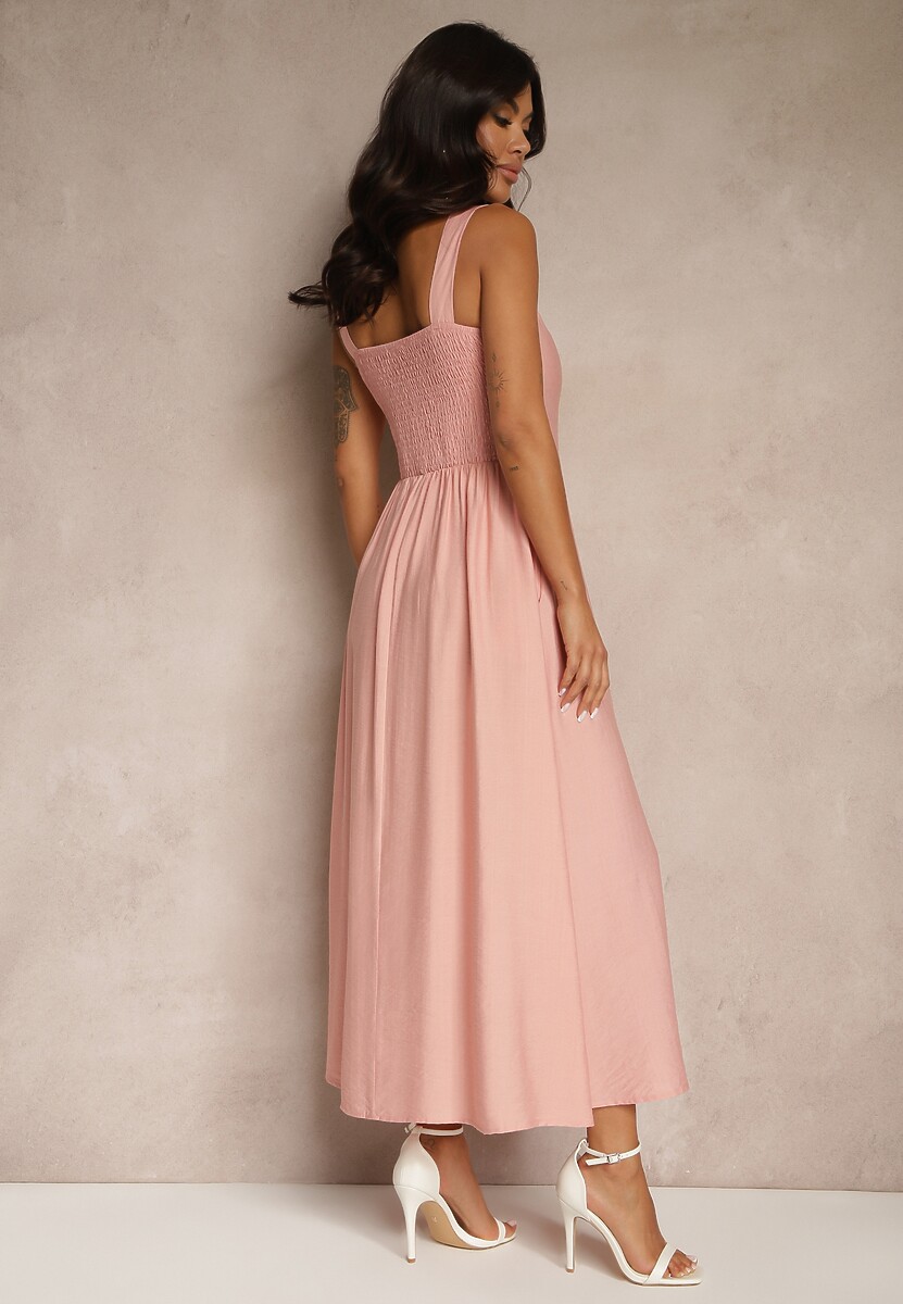 Różowa Rozkloszowana Sukienka z Wiskozy Ozdobiona Kwadratowym Dekoltem Avledia