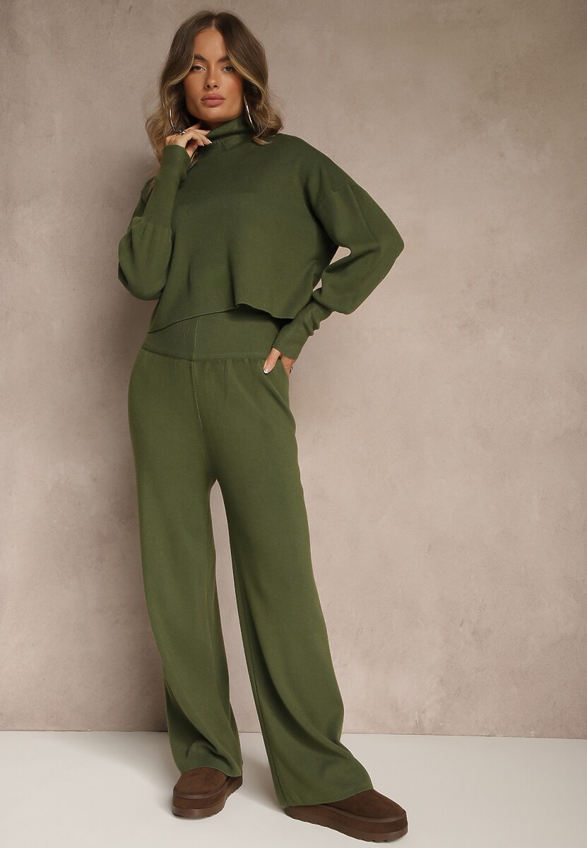 Czarny Komplet Dzianinowy z Wiskozą Spodnie o Szerokim Kroju Góra z Golfem Norathira