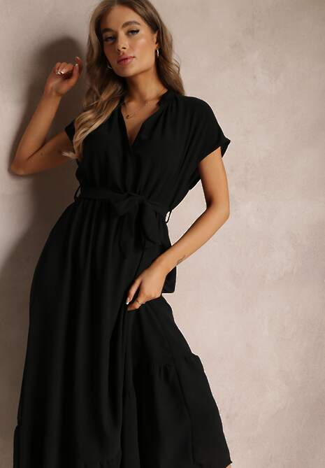 Czarna Kopertowa Sukienka z Gumką w Talii i Wiązaniem Mylelse
