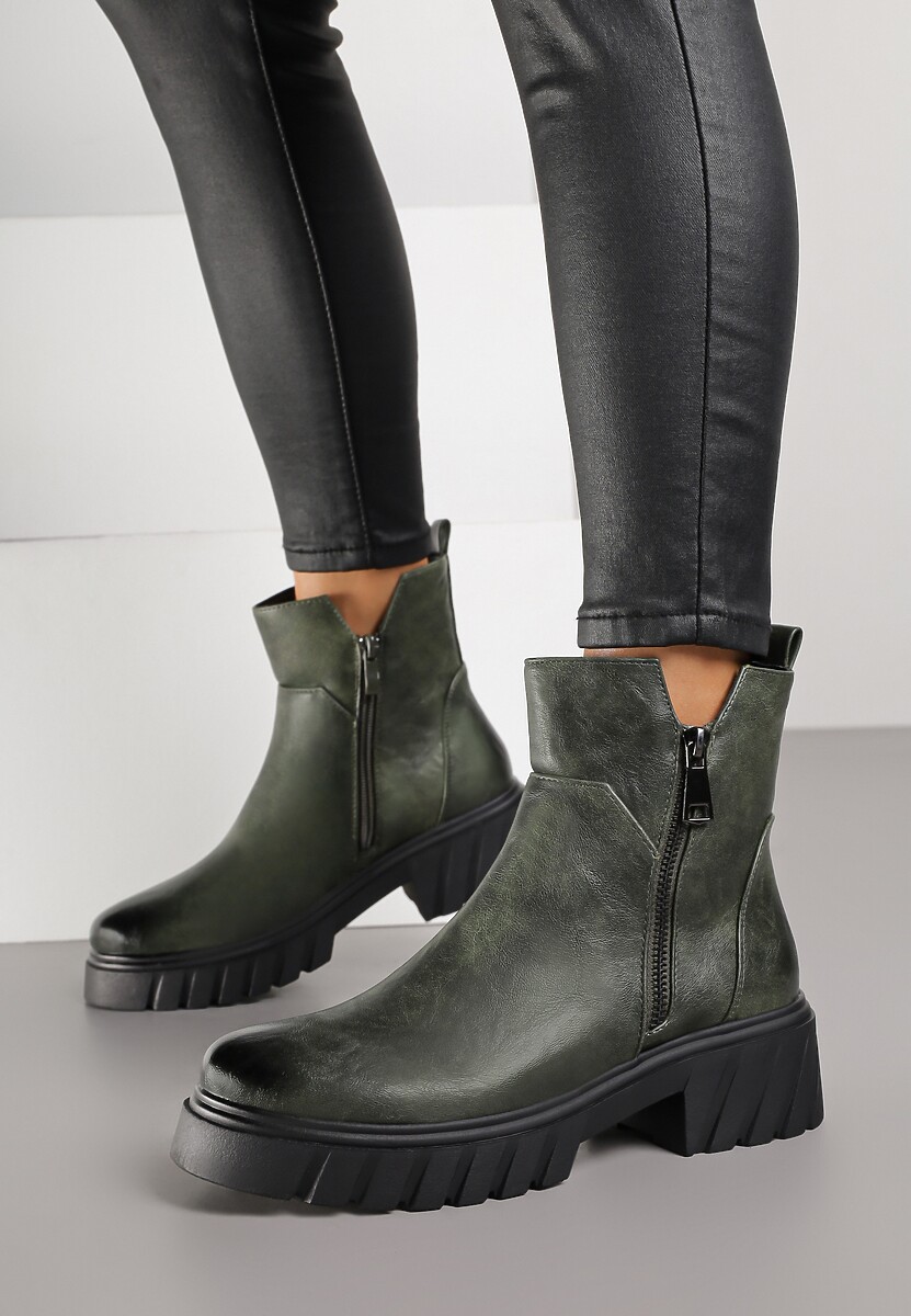 Zielone Botki do Kostki z Suwakiem na Grubej Podeszwie z Tłoczeniami Redvira