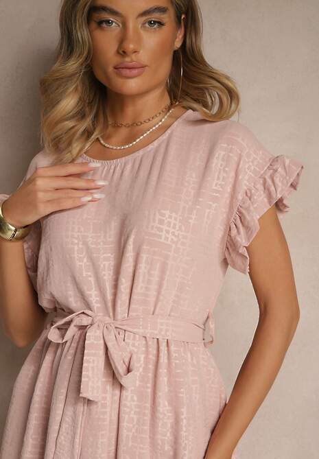 Ciemnoróżowa Sukienka z Paskiem i Falbankami przy Rękawach Folunelle