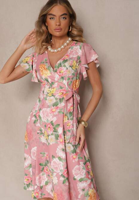 Różowa Kopertowa Sukienka w Kwiaty Atesalia