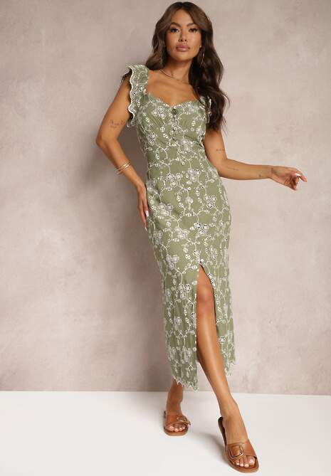 Zielona Taliowana Sukienka z Wiskozy z Hiszpańskim Dekoltem Ozdobiona Haftem i Guzikami Xironea