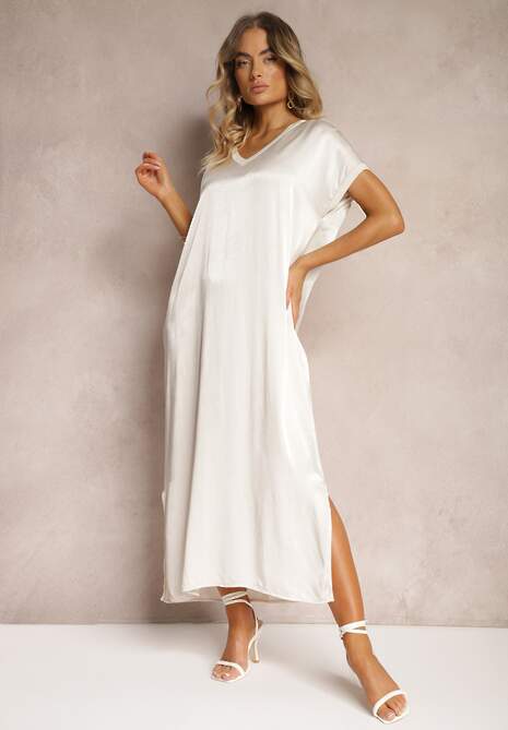 Jasnobeżowa Casualowa Sukienka z Wiskozy Oversize o Pudełkowym Kroju Morarose