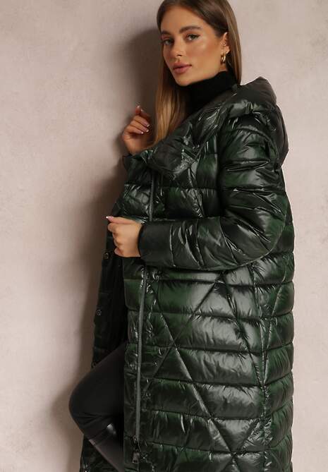 Ciemnozielona Kurtka za Kolano z Wiązanym Paskiem i Kapturem Feome