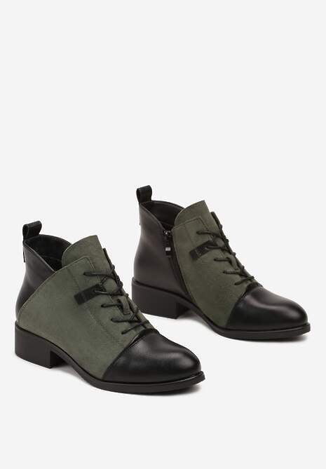 Zielone Sznurowane Botki na Płaskiej Podeszwie Ozdobione Rivianne