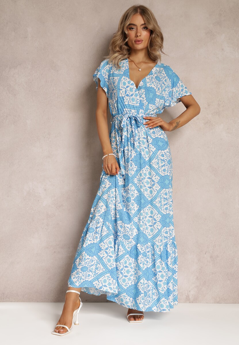 Niebieska Rozkloszowana Sukienka z Kopertowym Dekoltem i Wiązanym Paskiem Brynis