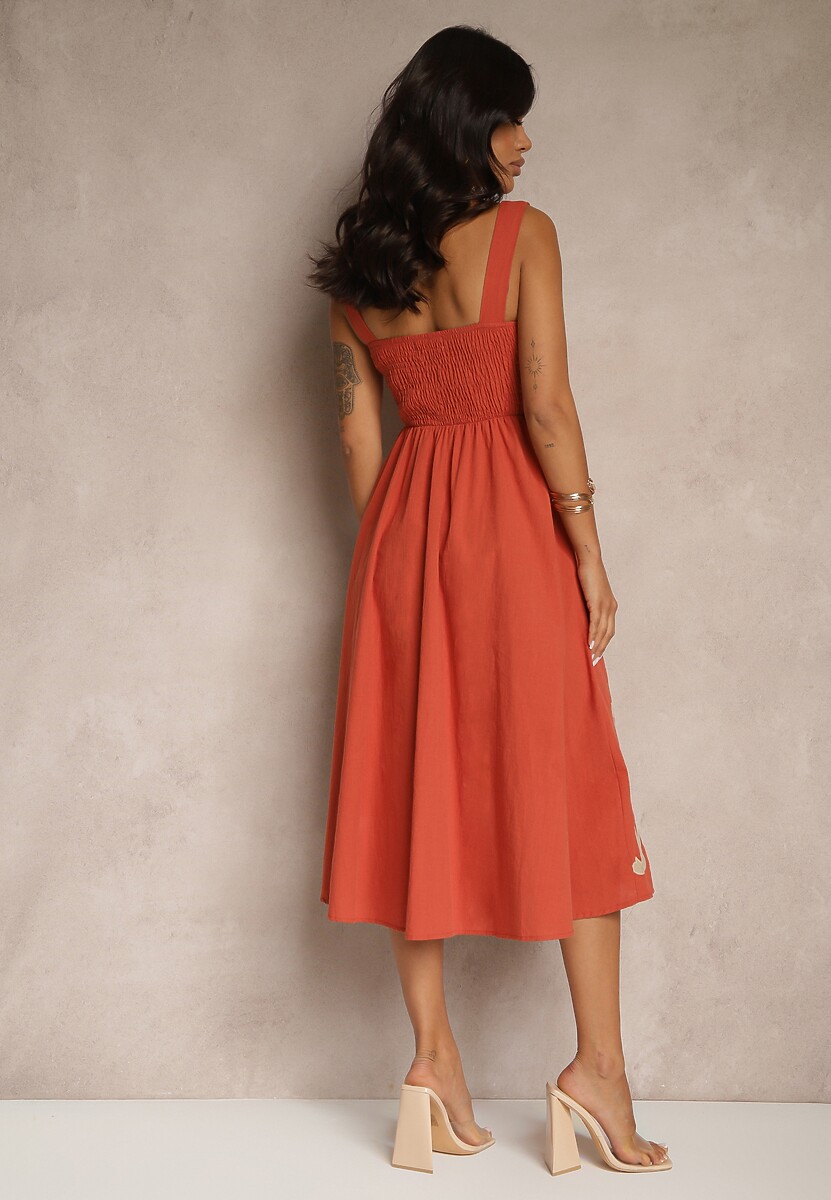 Pomarańczowa Bawełniana Sukienka z Guzikami i Haftami Milonellea