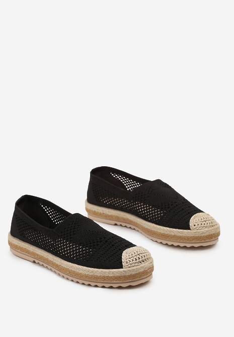 Czarne Ażurowe Espadryle na Plecionej Podeszwie z Ozdobnym Noskiem Uraian