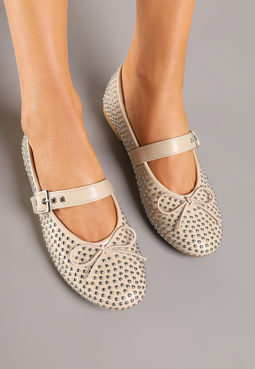 Beżowe Balerinki Mary Jane Ozdobione Kokardą i Cyrkoniami Lurisellia