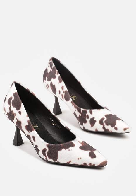 Brązowo-Białe Czółenka Vices w Krowie Łaty na Obcasie Typu Klepsydra ze Skórzaną Wkładką Dedvire