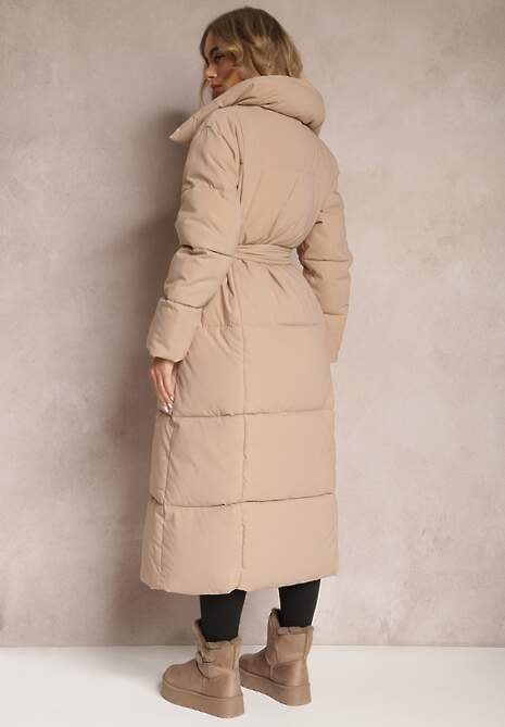 Beżowa Długa Kurtka Pikowana Płaszcz z Paskiem Adellesstta
