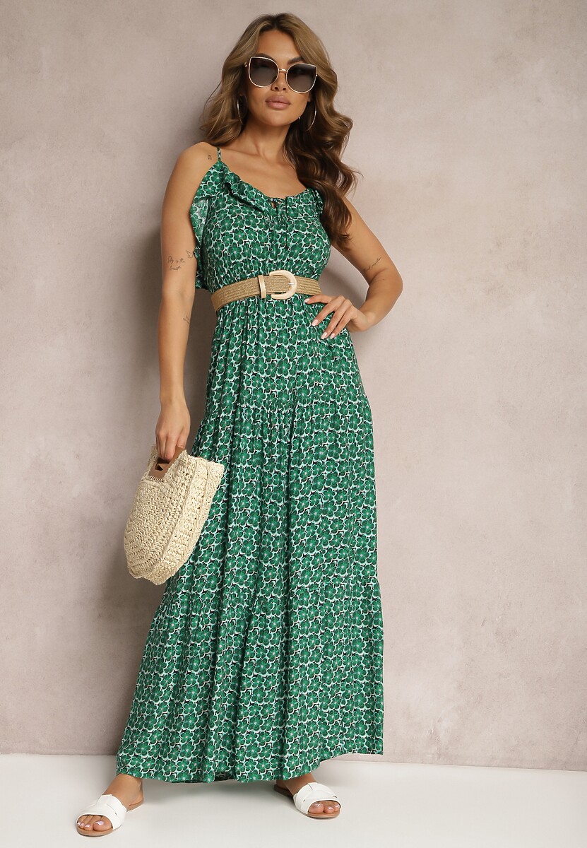 Zielona Rozkloszowana Sukienka z Wiskozy na Regulowanych Ramiączkach Wrinesa