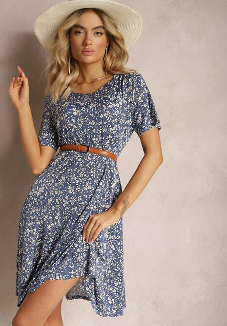 Niebieska Krótka Sukienka Letnia z Wiskozy w Kwiaty Kidda