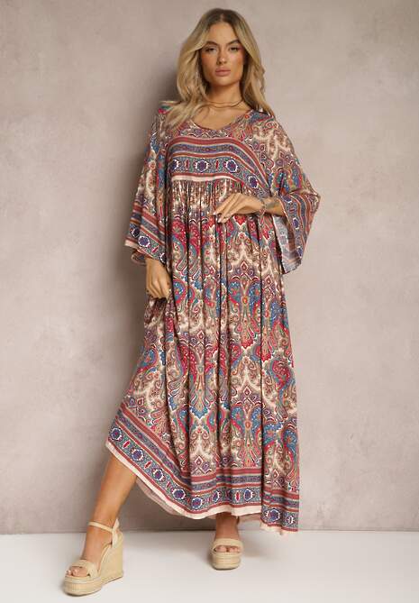 Jasnobeżowa Rozkloszowana Sukienka we Wzór Paisley z Rękawem 3/4 Briarwa