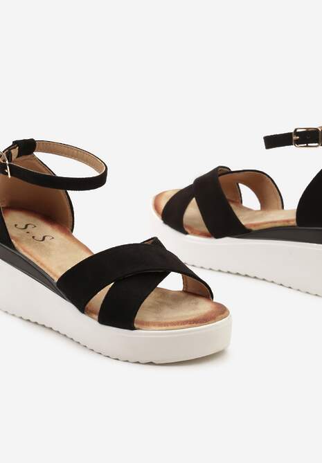 Czarne Sandały Zapinane wokół Kostki na Platformie i Koturnie Effitza