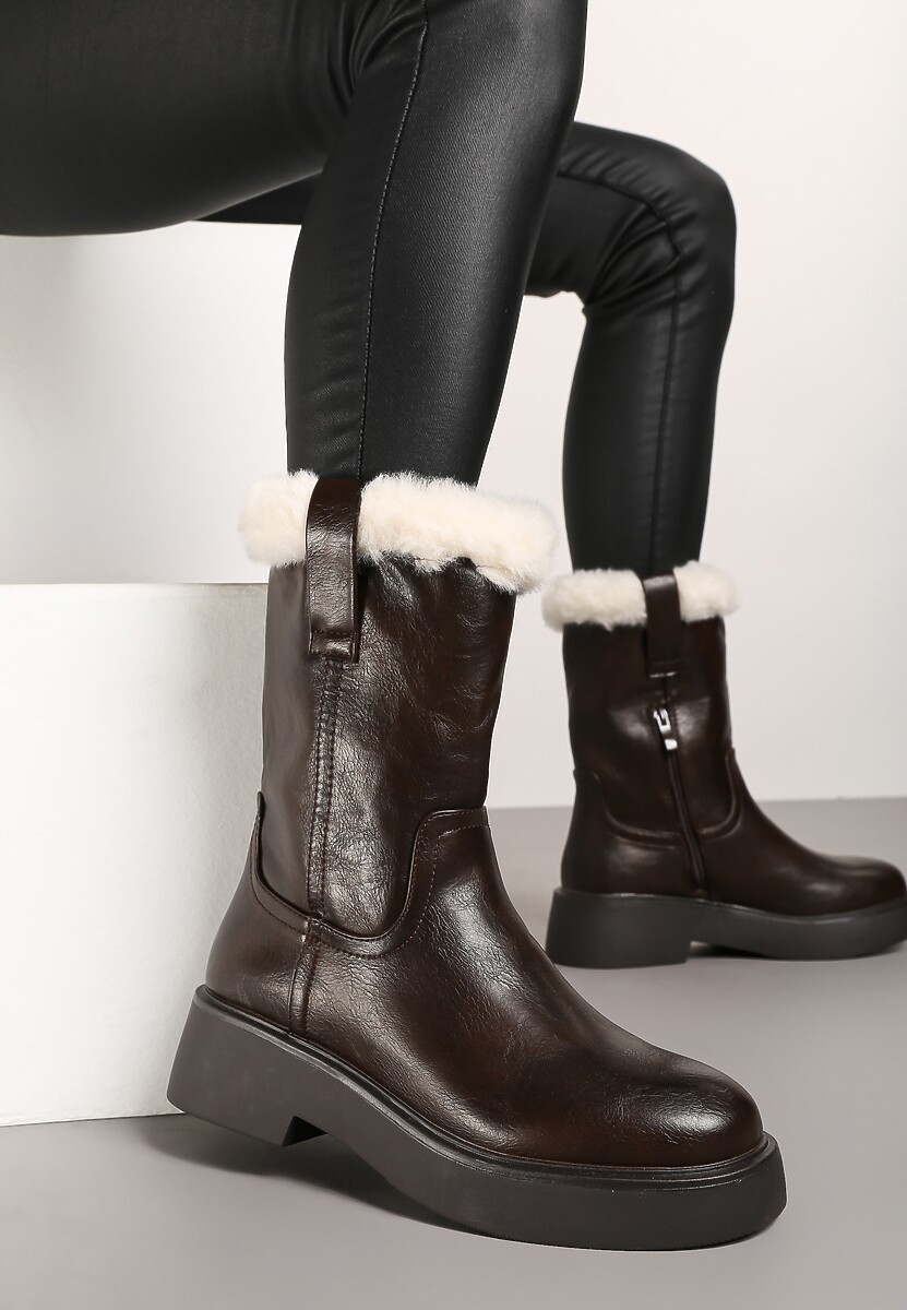 Czarne Botki na Płaskiej Podeszwie z Futerkiem na Cholewce Izafrina