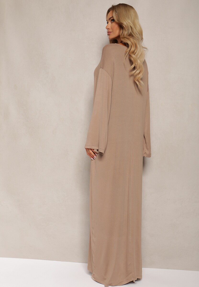 Ciemnobeżowa Pudełkowa Sukienka z Wiskozy z Długim Rękawem Nestaira